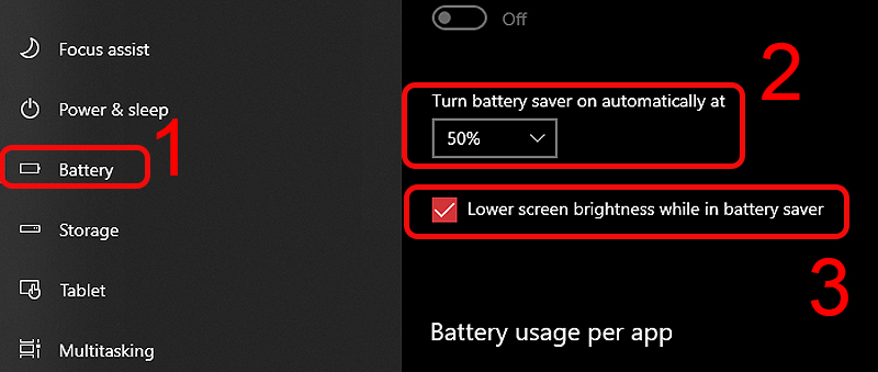 Chọn mức pin để giảm sáng màn hình tự động